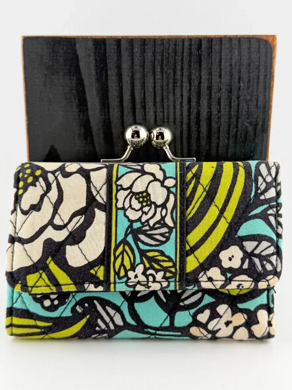 Vera Bradley Euro Wallet in Lime’s Up - Retired Quilted Kiss Lock Trifold